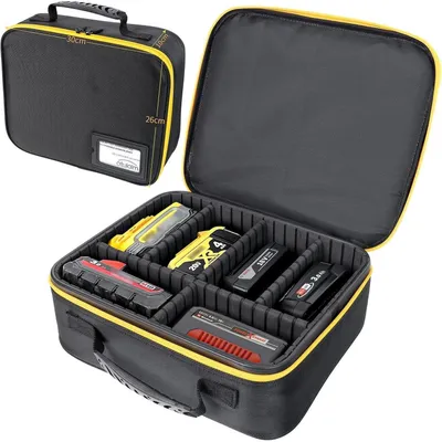 Image de Mallette de rangement rigide, dimensions 30 x 26 x 10 cm, avec séparateurs pour batteries et chargeurs. Étanche et résistante aux chocs