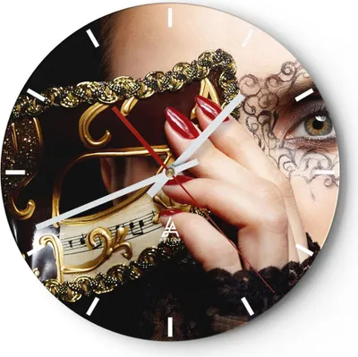 Produktbild von Wanduhr - Rund - Glasuhr - Frau Mode Venedig Maske - 30x30cm - Schleichendes Uhrwerk - Lautlos - zum Aufhängen bereit - Dekoration Modern - Wanddekoration aus Glas - C3AR30x30-2680