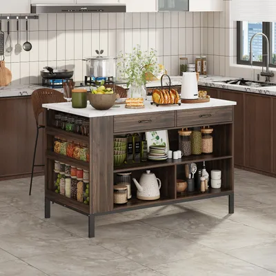 Produktbild von Kücheninsel mit 2 Schubladen,Kücheninselschrank mit offenen Ablagen,Küchenschrank,Küchenbuffet,Küchentisch,Küchentheke,Küchenarbeitsplatte,140x76x91cm