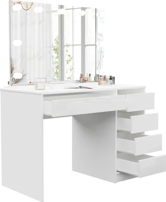 Produktbild von Idohome Schminktisch mit Spiegel, Schminkkommode modern, Frisiertisch mit Schubladen, Kosmetiktisch mit LED-Licht, Schmuckschrank Weiß Hochglanz BELLA
