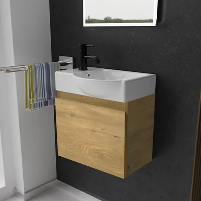 Produktbild von Alpenberger Waschtisch mit Unterschrank | Gäste WC Waschbecken Klein 45 cm Breit | Keramik Aufsatzwaschbecken mit Waschbeckenunterschrank | Badmöbel Set Hängend | Waschtischunterschrank Eiche Natur