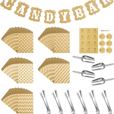 Image de 71 pièces Set d'accessoires Candy Bar Comprend 50 pièces Sacs Candy Bar 10 autocollants 6 pinces à sucre 4 pelles et 1 guirlande de décoration Candy Bar Set de décoration Candy Bar