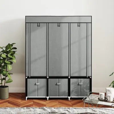 Produktbild von Portable Kleiderschrank mit Kleiderstange mit und Schubladen Stoffschrank Faltschrank für Schlafzimmer und Ankleidezimmer 125 x 43 x 162,5 cm Hellgrau