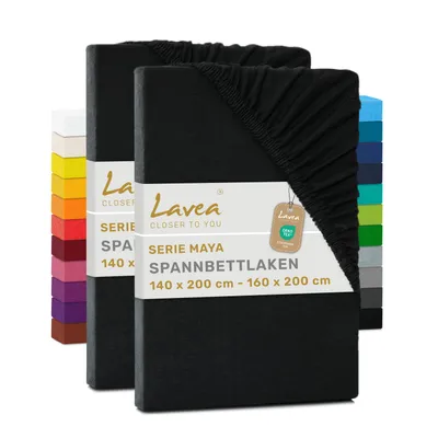 Produktbild von Lavea® 2er Pack Jersey Spannbettlaken 140/160x200 cm, 100% Baumwolle – Weiches Bettlaken für Matratzen bis 20 cm Höhe – Schwarz