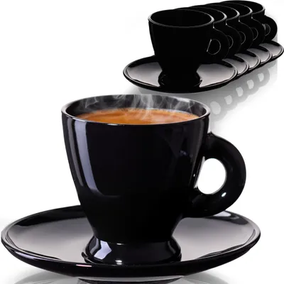 Produktbild von PLATINUX Espressotassen Set – 6 schwarze Espressogläser mit Untertassen aus Glas 93 ml – Kaffeegläser Kaffeetassen