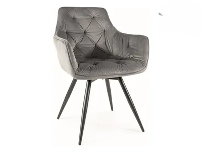 A single gray velvet chair with black legs on a white background.