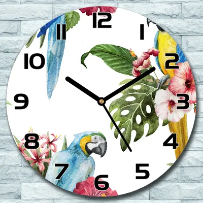 Produktbild von Wanduhr aus Glas Rund fi 30 Papageien & Blumen Quarz Deko Wohnzimmer Büro