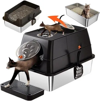 Image de Grande cage de transport fermée pour chat en acier inoxydable, XXL, facile à nettoyer, 60 x 40 x 39 cm