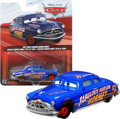 Produktbild von Mattel DVX70 Disney Pixar Cars Dirt Track Doc Hudson Hornet Oldtimer Coupe 50er Jahre Blau Spielzeugauto Modell Fahrzeug Actionauto 9 cm Maßstab 1:55