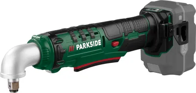 A cordless angle impact wrench with a battery pack attached, shown against a white background.