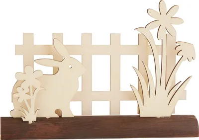 Produktbild von VBS Holz-Steckmotiv auf Baumstamm, 5.tlg. Hase am Gartenzaun