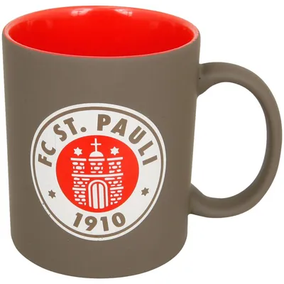 Produktbild von FC St. Pauli Kaffeebecher Logo, Original Fanartikel, Braune Keramiktasse mit Vereinswappen und roter Innenseite, 0,3l