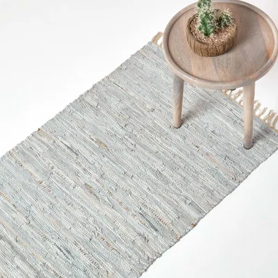 Obrázek produktu pro HOMESCAPES třpytivý kožený koberec stříbrný-přírodní 66x200 cm, kobercový běhoun z recyklované kůže