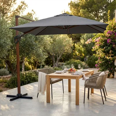 Immagine prodotto di Milani Home - ombrellone da giardino 3 x 3 m palo laterale decentrato in alluminio e poliestere, effetto legno, grigio scuro, per terrazzo e piscina