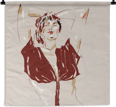 Produktbild von MuchoWow® Wandteppich Wandbehang Porträt - Frau - Rot - Abstrakt 120x120 cm Tapisserie Dekoration Wandtuch - Modern - Baumwollgewebe