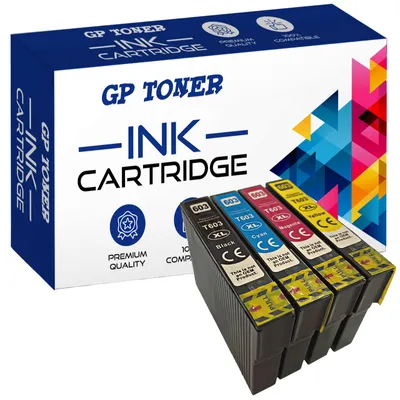 A box of GP Toner ink cartridges with four cartridges displayed in front of it.