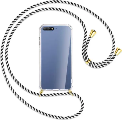 Produktbild von Handykette Backcover-Schutzhülle mit Band (Metall goldfarben) für Huawei Y6 2018 - schwarz/weiß gestreift