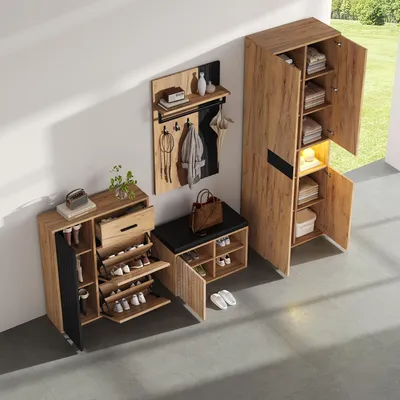 Image de OKWISH Vestiaire 4 Pièces - avec Armoire, Banc à Chaussures et Porte-Manteaux Mural, Rangement Chaussures, 215x36x190 cm - Noir/Bois Naturel