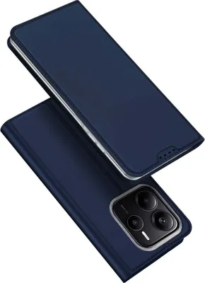 A dark blue flip case for a smartphone is shown against a white background.