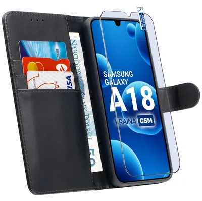 Imagen del producto de Funda tipo libro para Samsung A18 con cierre magnético, color negro + protector de pantalla de vidrio