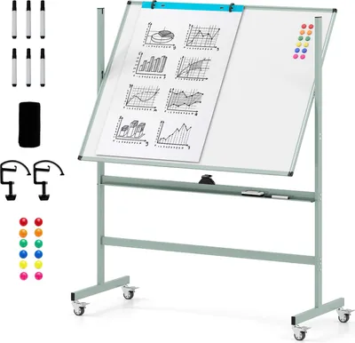 Immagine prodotto di Lavagna mobile con supporto, 120 x 90 cm bifacciale magnetica 160/180 cm regolabile in altezza e ruotabile a 360°, magnetica con portapenne, verde