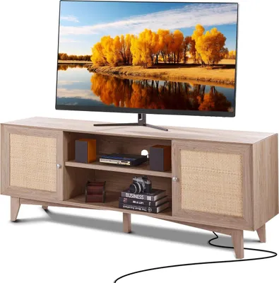 Image de Support TV en rotin 191cm TV Boho armoire TV chêne