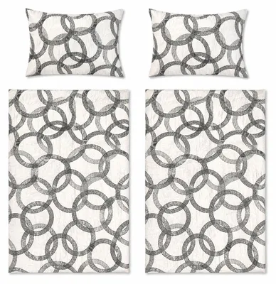 Produktbild von 4-tlg. Seersucker Bettwäsche, 135x200 +80x80cm, bügelfrei, weiss mit Kreisen grau/schwarz