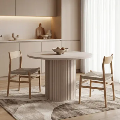 Produktbild von Runder Esstisch Ausziehbar – von 100 cm bis 190 cm Verlängerbar – Esszimmertisch, Küchentisch in Lamellen-Optik, Oval, Säulentisch – Sandbeige