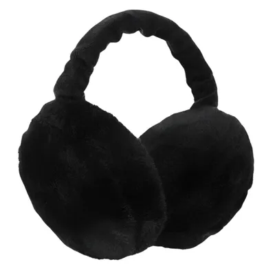A pair of black plush earmuffs on a white background.