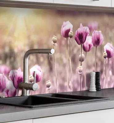 Produktbild von Küchenrückwand selbstklebend Lila Blumen Spritzschutz Folie 400 x 60cm