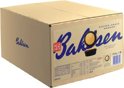 A cardboard box containing Bahlsen Kuchen Snack Marmor Gebäck.
