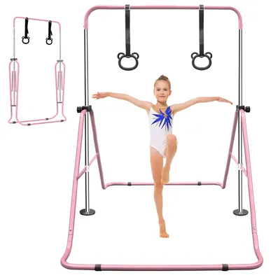 Zdjęcie produktu dla Drążek gimnastyczny dla dzieci Zimilo, regulowana wysokość 88,9–129,54 cm, antypoślizgowy, zajmujący mało miejsca, do użytku w domu i na zewnątrz, kolor różowy, dla początkujących i młodych sportowców