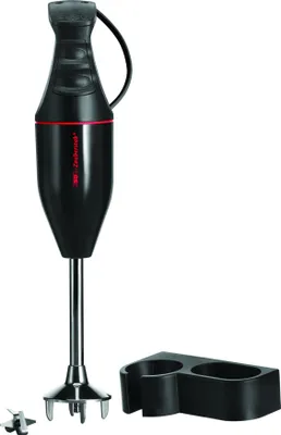 Das Bild zeigt einen schwarzen ESGE-Zauberstab-Stabmixer (Made in Switzerland) mit einem Edelstahl-M