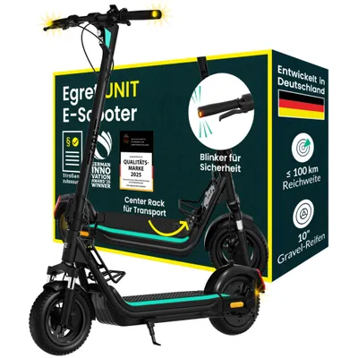 Produktbild von E-Scooter mit Straßenzulassung (ABE) 1890W, 100 km, 2x Federung & Gepäckträger, 130 kg Traglast, 10" Luftreifen, App – Egret Unit