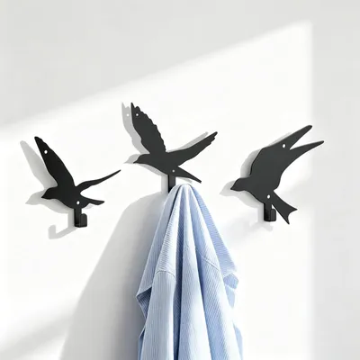 Immagine prodotto di Set di 3 ganci a forma di uccello per appendere al muro - Metallo nero - Decorativi