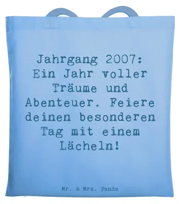 Produktbild von Mr. & Mrs. Panda Jutebeutel Spruch 2007 Geburtstag - Sky Blue - Geschenk, Geburtstagsgeschenk, Geburtstagskind, Träume und Abenteuer, besondere Geschenke, Tasche