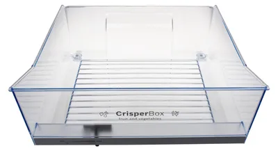 A clear plastic crisper drawer for a refrigerator.