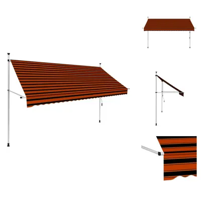 A retractable awning with orange and brown stripes, shown from multiple angles.