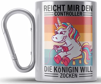 Produktbild von Trendation - Gamer Girl Geschenk Edelstahl Tasse Karabiner Gaming Geschenkidee Mädchen Tochter Spruch Zockerin (Silber)