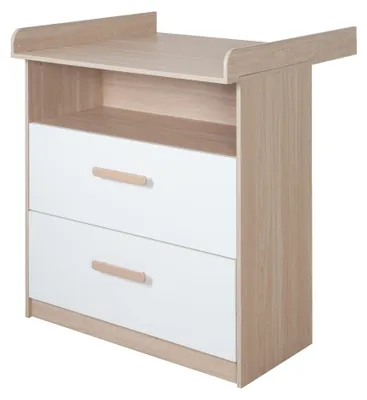 Image de Commode à langer Roba modèle cabane, avec plateau amovible - Compartiment ouvert + 2 tiroirs à glissières complètes - Commode évolutive pour bébé - Poignées en bois