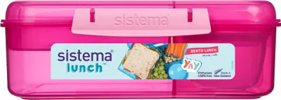 Zdjęcie produktu dla Trzykomorowe pudełko Sistema® Lunch™ z pojemnikiem na jogurt i 2 tackami 1,65 l, różowe