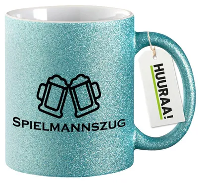 Produktbild von Huuraa Glitzertasse Spielmannszug Schützenfest 330ml Blau Keramik Kaffeebecher Geschenkidee