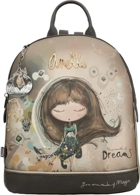 A backpack with a graphic print of a girl and floral elements.