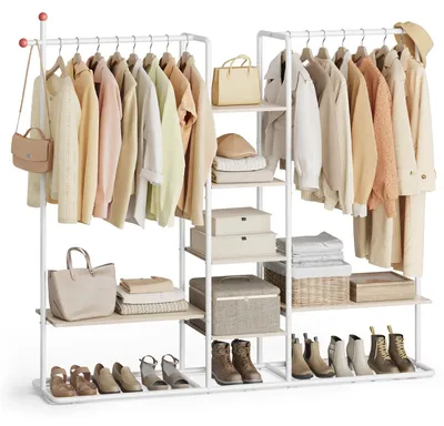 Produktbild von Offener Kleiderschrank - Kleiderständer - Freistehend - 6 Ablagen - 2 Kleiderstangen - Mit Haken - Weiß