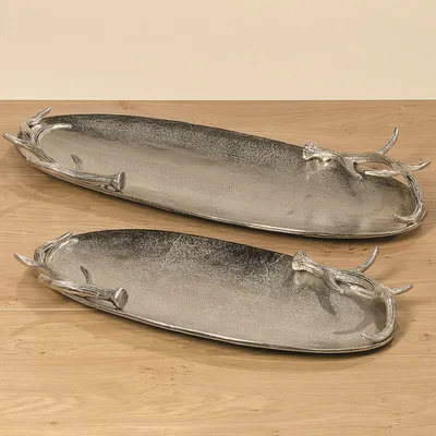 Produktbild von Tablett Deko Aluminium silber mit Geweihstücken 2er Set L 66 - 77 cm