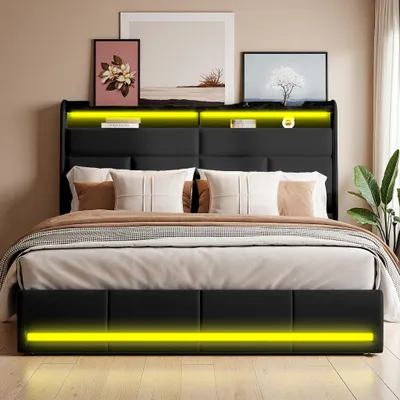 Produktbild von Gepolstertes Bett 140x200 cm in Kunstleder, mit LED- und USB-Anschlüssen, hydraulisch ausklappbarem Lattenrost, großem Stauraum (Matratze nicht im Lieferumfang enthalten)