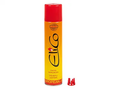 A can of lighter fluid with a red cap and yellow and orange branding, along with a small red plastic nozzle attachment.