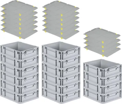 Produktbild von SuperSparSet 16x Eurobox NextGen Economy mit Auflagedeckel und 4x Schiebeschnappverschlüsse Gelb | Griffe geschlossen | HxBxT 12x30x40cm | 11 Liter | Eurobehälter, Transportbox, Transportbehälter, Stapelbehälter