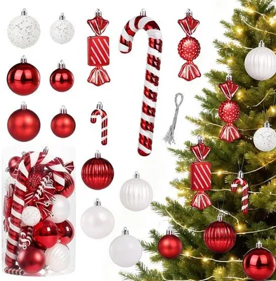 Image de Lot de 40 boules de Noël rouge et blanc pour la décoration de Noël