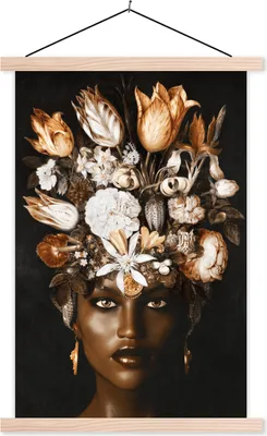 Produktbild von MuchoWow® Textilposter Frau - Blumen - Schwarz 120x180 cm mit holzfarbenen Rahmen - Textil-Plakat